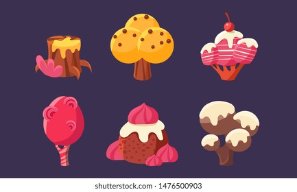 Cute Sweet Candy Trees Set, Fantasy Elements for Mobile or Video Game User Interface Assets Vector Illustration