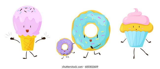 Cute sweet cartoon food icons set. Vector illustration for restaurant dessert menu design. Doughnut, ice cream, cupcake, bakery cake, muffin, delicious pastry cartoon icon on white background