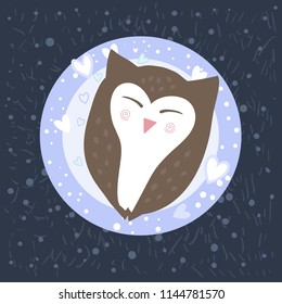 Cute sweet cartoon owl is sleeping. Funny educational vector picture for children: you need to sleep at night. Bird on a round pillow in the shape of the moon fell asleep. 