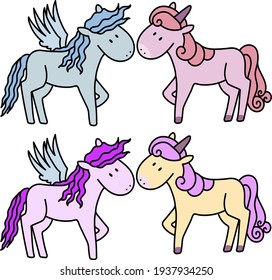 Cute sweet cartoon pony, unicorn and pegasus set. Girly flat vector cartoon hand drawings. Fairy character, cute, animals, pony. Girls cute and very beautiful.