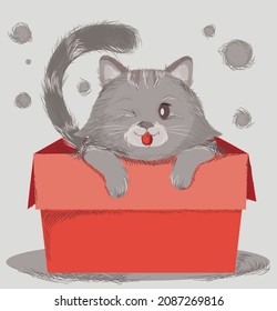Cute sweet cat concept. Cute fluffy kitten sitting in red box showing its tongue and winking. Colorful design element for postcards and printing on children clothes. Cartoon flat vector illustration