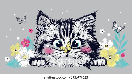 Cute sweet cat kitten head looks on butterfly. Hand drawn vector illustration. Print for kids t-shirt.