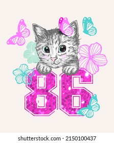 Cute sweet cat kitten head with flower, butterfly, 86 year shine sequins slogan.