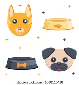Cute sweet character nice happy smile muzzle face red cat dog pug-dog pug snout mug snoot pet with his tongue hanging out paws dog bowl for feed Modern flat vector illustration icons Isolated on white