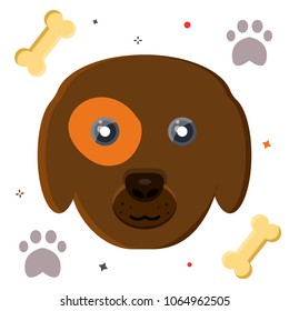 Cute sweet character stained on eye brown face muzzle of dog with canine bone lure tracks traces Vet pet concept Modern flat style vector illustration icons. Isolated on white background. 