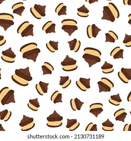 Cute and sweet chocolate cake seamless pattern background in doodles hand drawn style. Funny pastry and dessert bakery wallpaper with pie, tart, muffin for birthday, wrapping gift, card, print textile