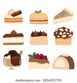 Lindas colecciones de postre de chocolate dulce sobre fondo blanco. Ilustración vectorial dibujado a mano o estilo doodle para la decoración de café o panadería