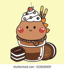 Cute sweet chocolate with dinosaur head whipping cream and cherry.Animal character design.Kawaii food cartoon style.Candy.Drink.Beverage.Vector.Illustration.