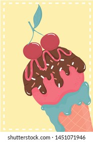 cute sweet chocolate strawberry ice cream waffle cone with cherry summer card vector ice cream cone waffle idea for printable card, kid stuff, childhood print with text