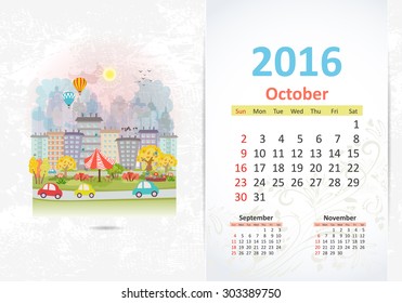 Cute sweet cityscape. calendar for 2016, October