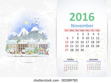 Cute sweet cityscape. calendar for 2016, November