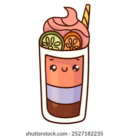 Cute sweet cocktail icon in kawaii style with smiling face and pink cheeks for sweet design.