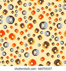 Cute sweet colorful donut seamless pattern chocolate or cream yummy cookie topping round dessert illustration