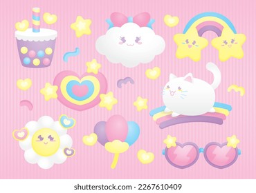 cute sweet colorful pastel kawaii illustration cartoon graphic element vector set