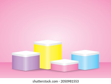 cute sweet colorful pastel product display box set 3d illustration vector for putting your object on pink wall and floor