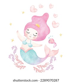 Cute sweet colorful pastel watercolor happy joyful little mermaid purple hair, whimsical adorable children cartoon character hand painting illustration