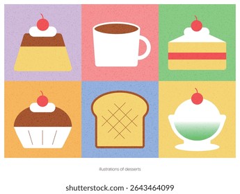 Pudim bonito, doce e colorido, cupcake, pão, conjunto de ilustração de sobremesa