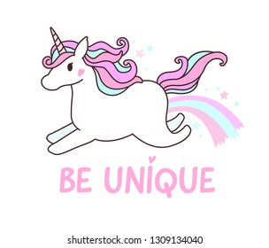 Cute sweet colors unicorn jumping with "Be Unique quote"