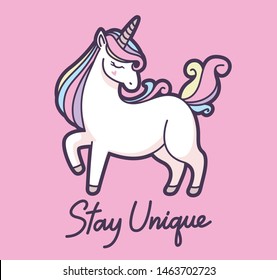 Cute sweet colors unicorn  with "Stay Unique" quote 