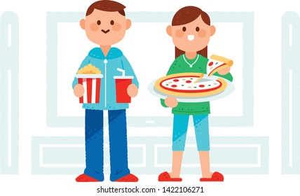 cute and sweet couple ready for watching TV series. 100% vector illustration