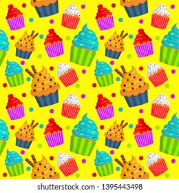 cute sweet cupcake seamless pattern. summer desserts on yellow background for cafe or restaurant. illustration vector.
