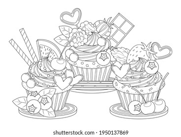 Cute and sweet cupcakes vector illustration cartoon coloring page. Sweet cakes coloring page.