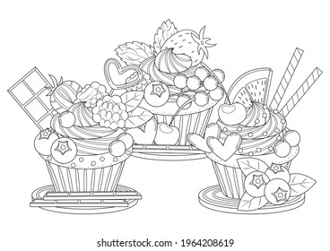 Cute and sweet cupcakes vector illustration cartoon coloring page. Sweet cakes coloring page.