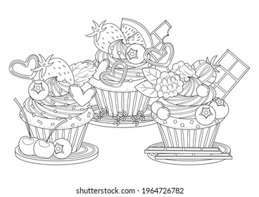 Cute and sweet cupcakes vector illustration cartoon coloring page. Sweet cakes coloring page.