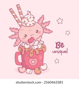 Cute Sweet Dessert Axolotl in Mug cup Hot Cocoa with Marshmallows, heart and striped candy. Funny festive little cartoon kawaii animal character. Vector illustration. Holiday cool postcard