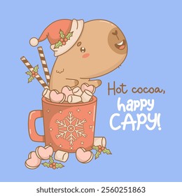 Cute Sweet Dessert Christmas Capybara Santa in Mug cup Hot Cocoa with Marshmallows. Funny winter festive cartoon kawaii character. Vector illustration. Holiday cool card. Kids collection