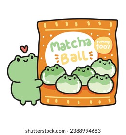 Cute sweet dessert in frog face shape.Matcha green tea flavor.Ball.Reptile animal character cartoon design.Image for card,poster,baby clothing,T-shirt print screen.Kawaii.Vector.Illustration