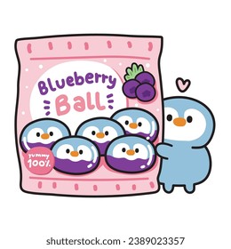 Cute sweet dessert in penguin face shape.Blueberry flavor.Ball.Bird animal character cartoon design.Image for card,poster,baby clothing,T-shirt print screen.Kawaii.Vector.Illustration