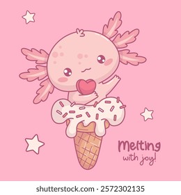 Cute Sweet Dessert pink Axolotl in ice cream cone with heart. Funny festive little cartoon kawaii animal character. Vector illustration. Holiday cool postcard