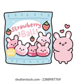 Postre dulce lindo en forma de cara de conejo.Sabor de fresa.Balón de fresa.Diseño de caricatura de roedores.Imagen para tarjeta, afiche, ropa de bebé, pantalla de impresión de camisetas.Kawaii.Vector.Ilustración