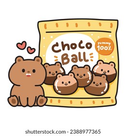 Postre dulce lindo en forma de cara de oso de peluche.Sabor de chocolate.Balón de Choco.Diseño de caricaturas de animales salvajes.Alegría.Imagen para tarjeta, afiche, ropa de bebé, pantalla de impresión de camisetas.Kawaii.Vector.Ilustración.