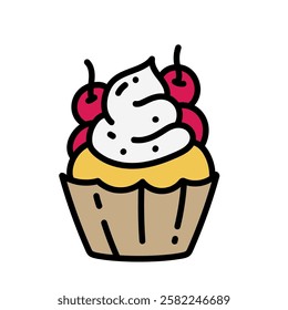 cute sweet desserts Cake, muffin and cupcake with whipped cream, cherry and strawberry romantic theme This element can be used for decoration card, Element design, Poster Background