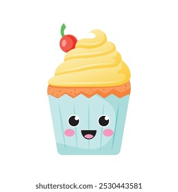 Cute sweet desserts icon in flat style. Kawaii cupcake vector illustration on isolated background. Happy muffin sign business concept.