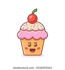 Cute sweet desserts icon in flat style. Kawaii cupcake vector illustration on isolated background. Happy muffin sign business concept.