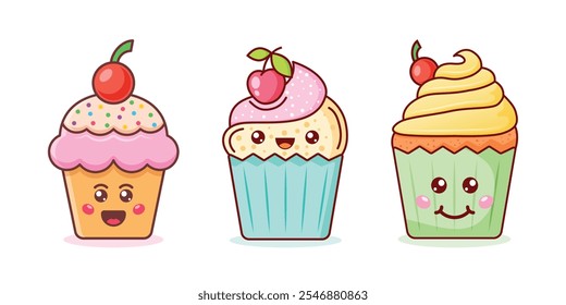 Cute sweet desserts icon set in flat style. Kawaii cupcake vector illustration on isolated background. Happy muffin sign business concept.