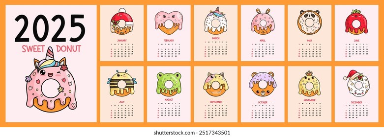 Cute sweet donut calendar 2025. Funny cartoon kawaii character mascot delicious pastries. Vertical printable planner organizer. Cover and 12 month pages English. Week from Sunday. Vector illustration