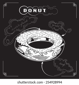 Cute sweet donut. Vector Engraving illustration. Tasty donuts. Delicious donut dessert. Hand drawn poster on chalkboard. Vintage Donuts Banner. With sprinkle. Eps 8