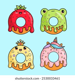 Cute sweet donuts collection. Funny Royal baking in crown, frog, strawberry and unicorn with drops icing. isolated sweet cartoon kawaii character food. Vector illustration. Kids collection
