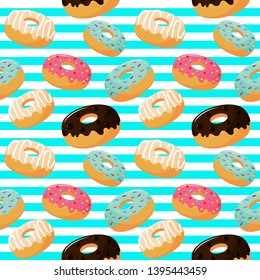 cute sweet donuts seamless pattern. summer desserts on blue background for cafe or restaurant. illustration vector.