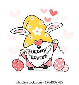 Cute sweet Easter Bunny gnome with rabbit ears, Happy Easter cartoon vector