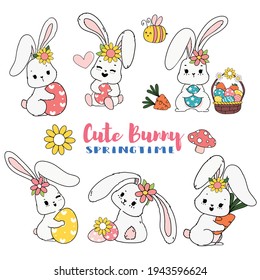 Cute Sweet Easter Bunny springtime with egg cartoon doodle collcection set