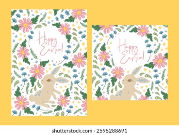 Cute sweet Easter bunny surrounded with spring flower floral botanical elements in holiday greeting card set decorated in beautiful art nouveau vintage victorian folk art illustration drawing style