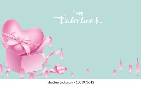 Cute and sweet elements in shape box of gift and heart tied by ribbon flying on pink background. Vector symbols of love for Happy Women's, Mother's, Valentine's Day, birthday greeting design