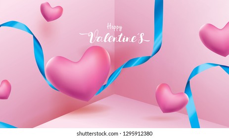 Cute and sweet elements in shape of heart, ribbon, box of gift flying on pink background. Vector symbols of love for Happy Women's, Mother's, Valentine's Day, birthday greeting isometric design