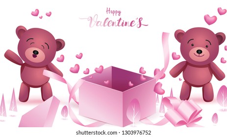 Cute and sweet elements in shape of heart, box of gift, teddy bear flying on pink background. Vector symbols of love for Happy Women's, Mother's, Valentine's Day, birthday greeting banner design