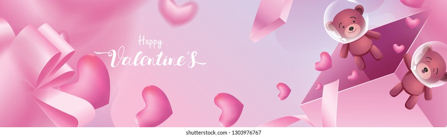 Cute and sweet elements in shape of heart, box of gift, teddy bear flying on pink space as astronaut. Vector symbols of love for Happy Women's, Mother's, Valentine's Day greeting banner design